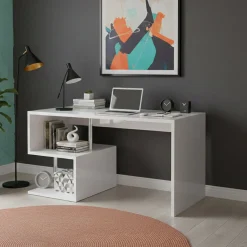 Scrivania lineare bianca lucida 149x48cm con 2 cassetti - Leepi