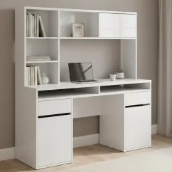 Scrivania lineare bianca lucida 149x48cm con libreria - Ambrenti
