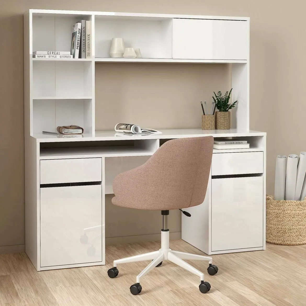 Scrivania lineare bianca lucida 160x60cm con supporto computer - Giunone