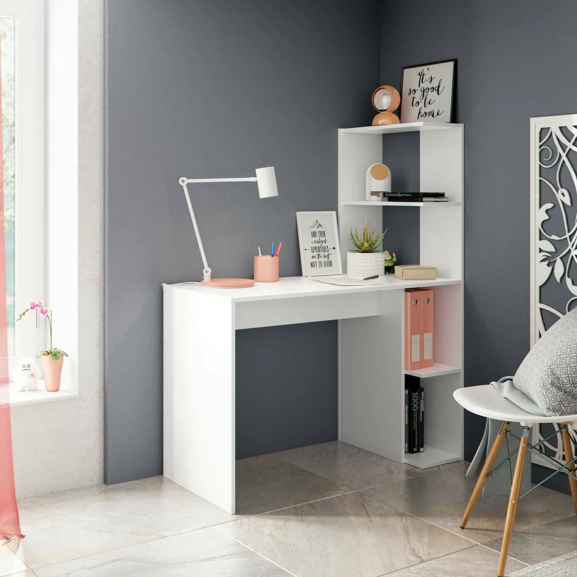 Scrivania lineare bianca 110x53cm con 2 cassetti - Zimone