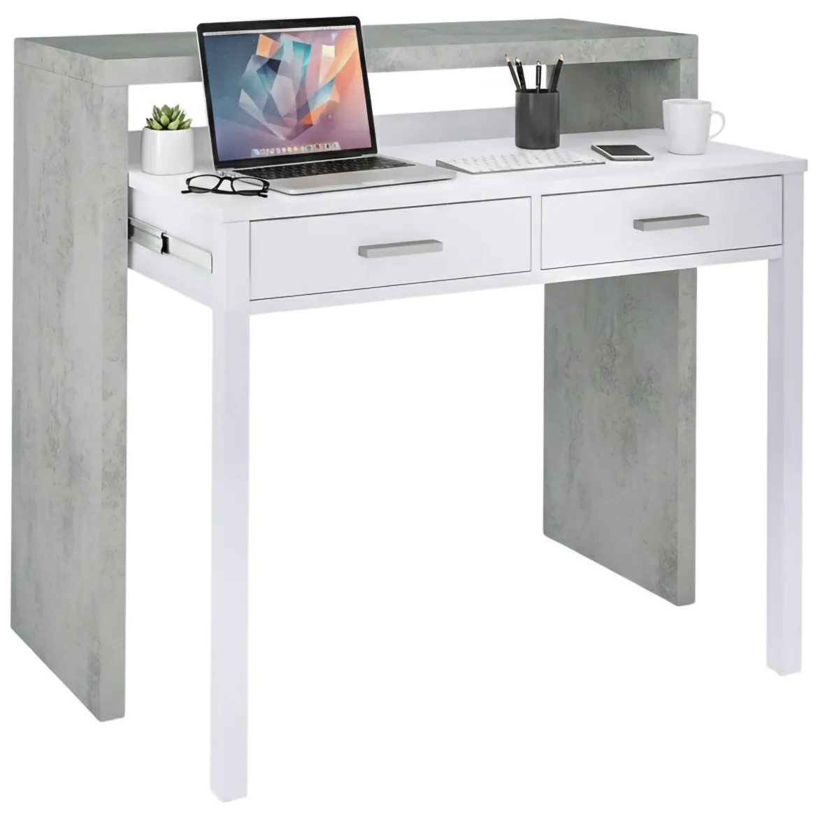 Scrivania lineare cemento e bianca 98x36cm con 2 cassetti - Andriy