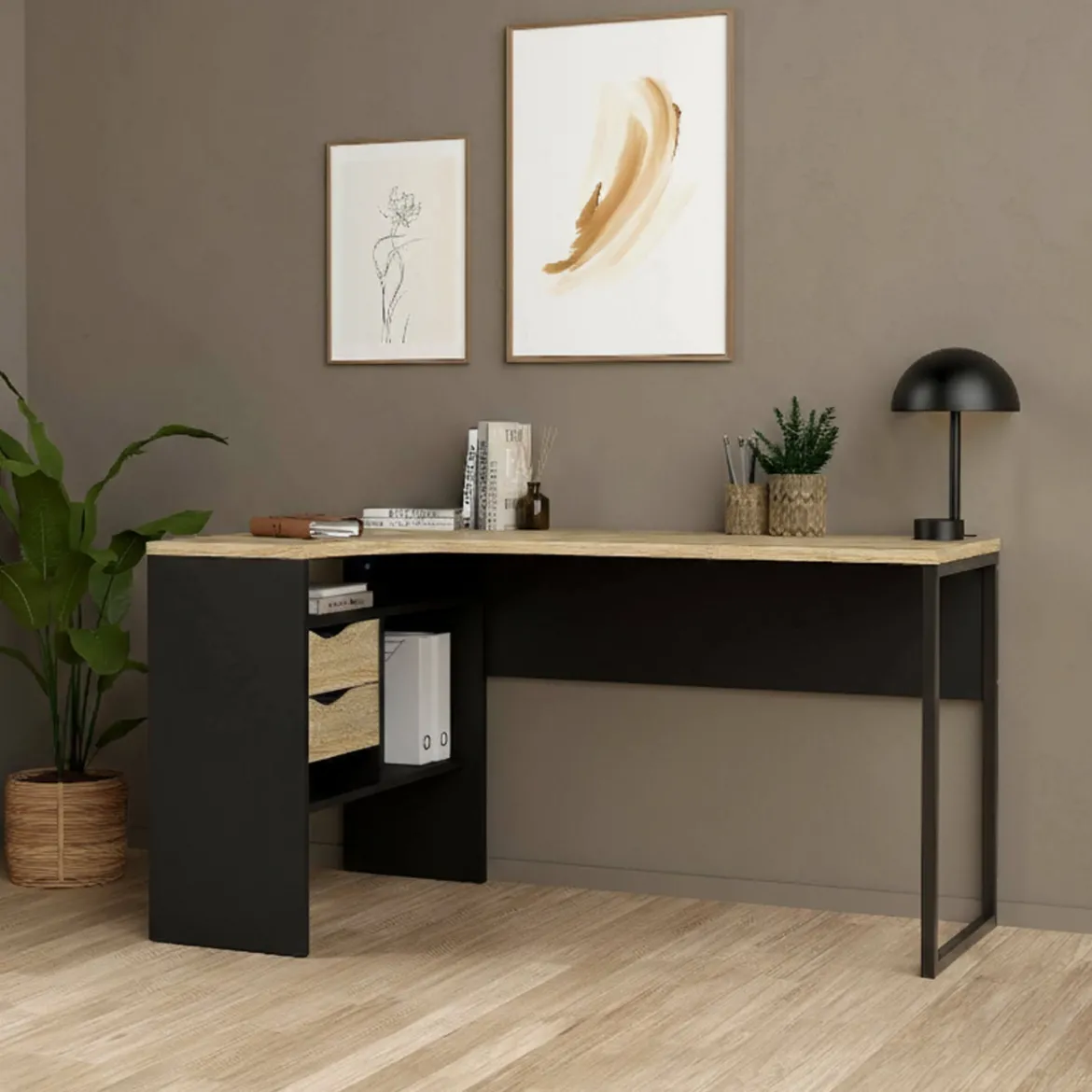 Scrivania lineare nera e quercia 145x81cm con 2 cassetti - Moire
