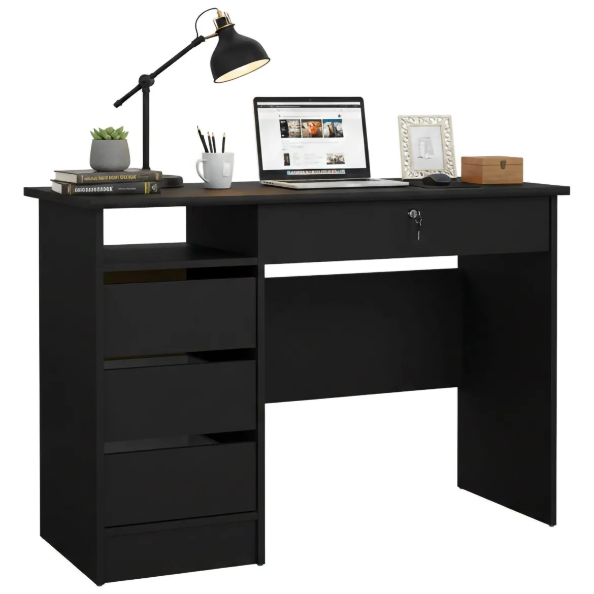 Scrivania lineare nera 109x48cm con 3 cassetti - Franklin