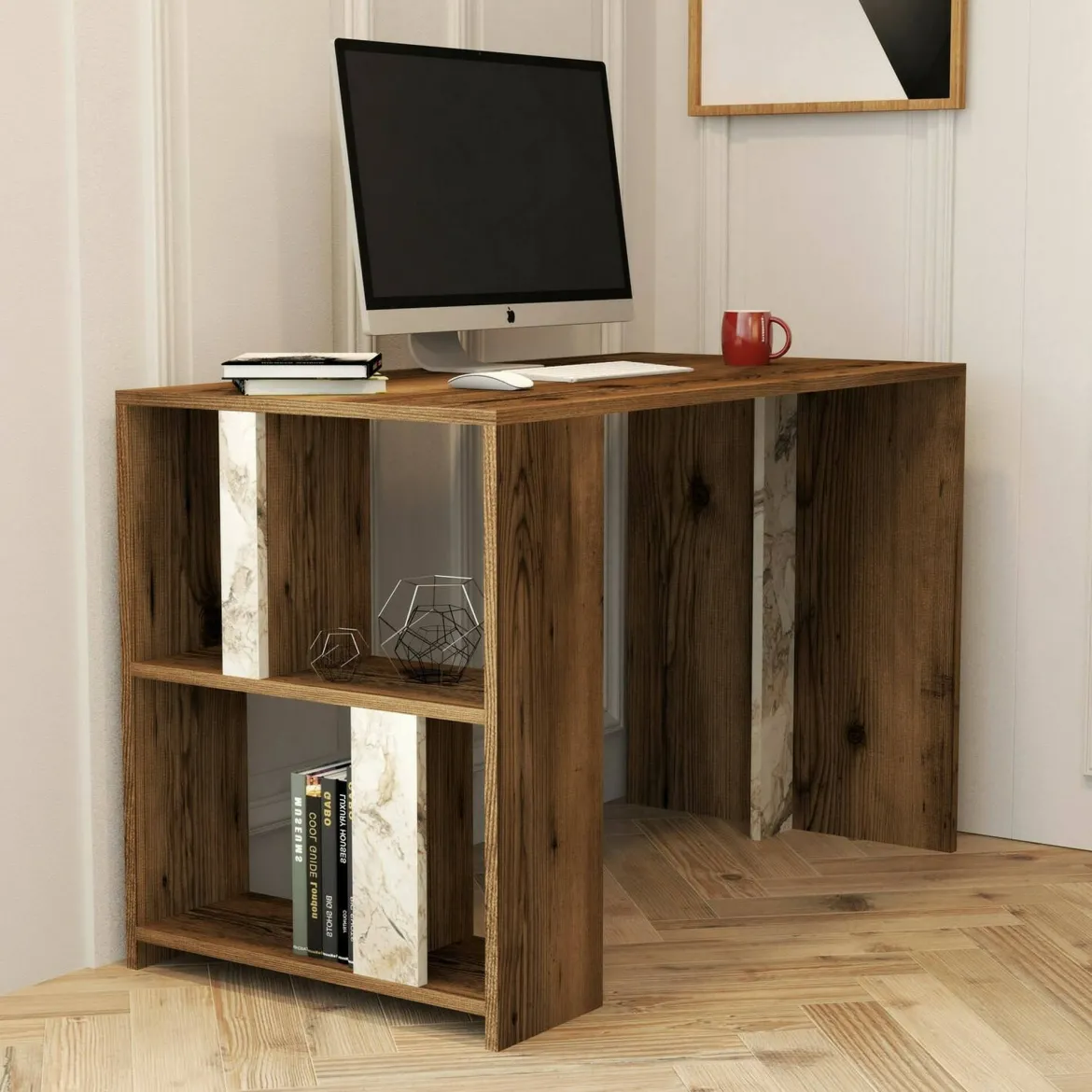 Scrivania lineare noce e bianca marmo 120x60cm - Bising