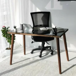 Scrivania lineare noce 110x60cm con piano in vetro - Melita