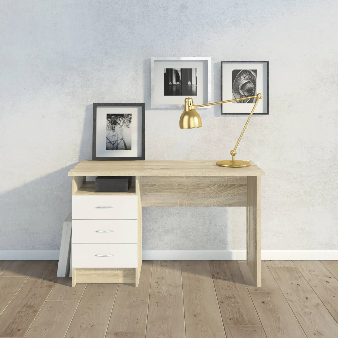 Scrivania lineare quercia e bianca 120x48cm con 3 cassetti - Andre