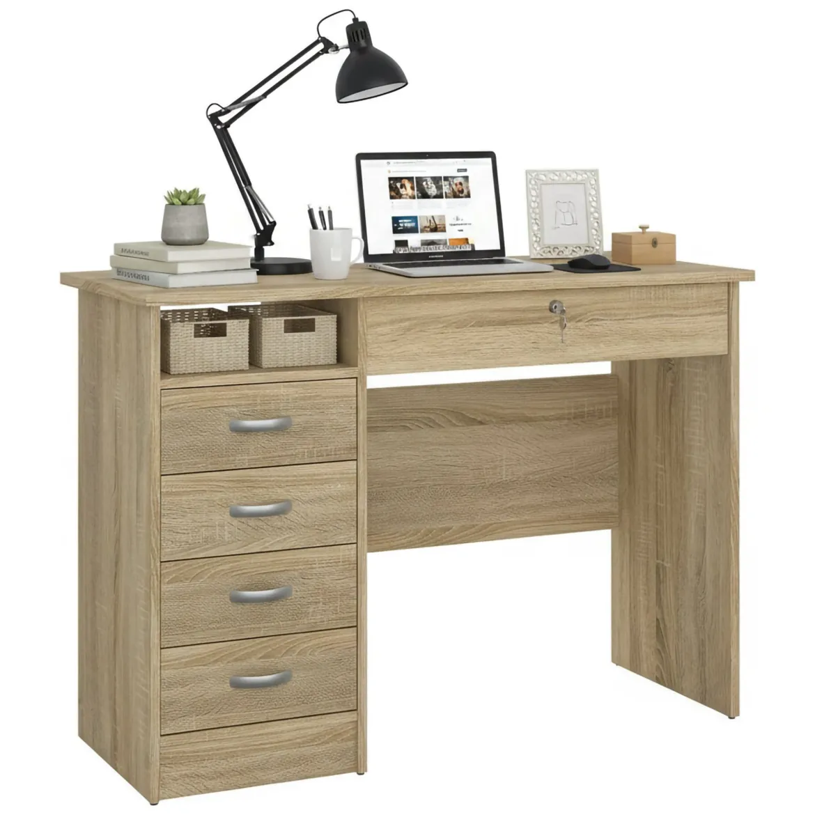 Scrivania lineare quercia 109x48cm con 4 cassetti - Amor