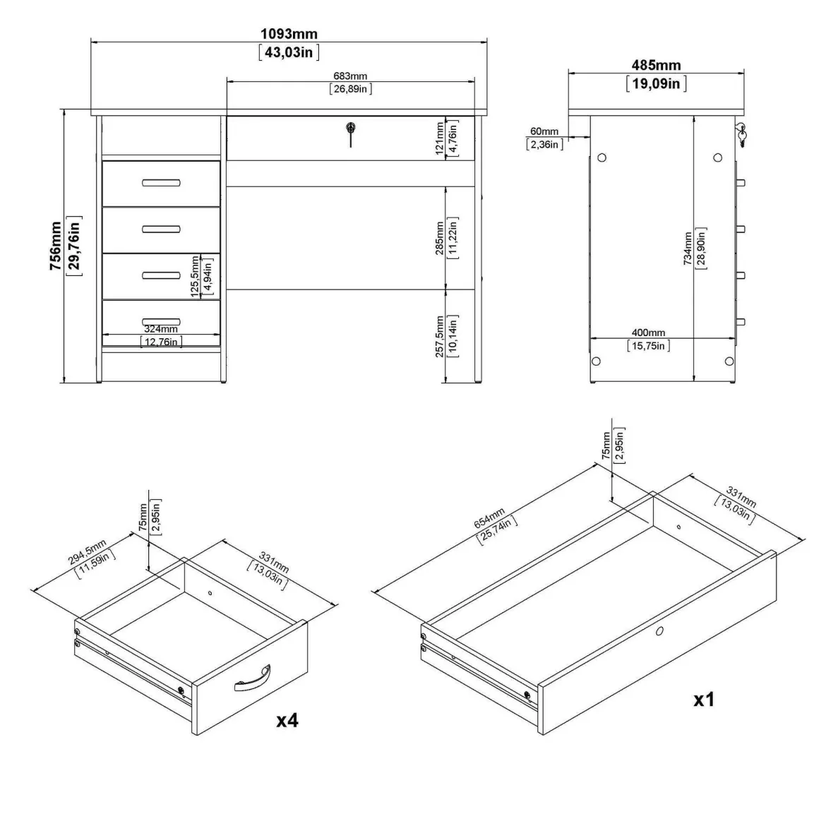 Scrivania lineare quercia 109x48cm con 4 cassetti - Amor