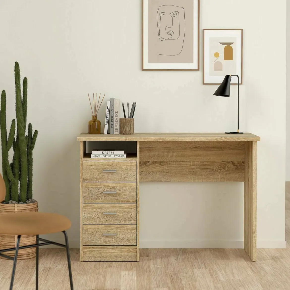 Scrivania lineare quercia 110x48cm con 4 cassetti - Appollo
