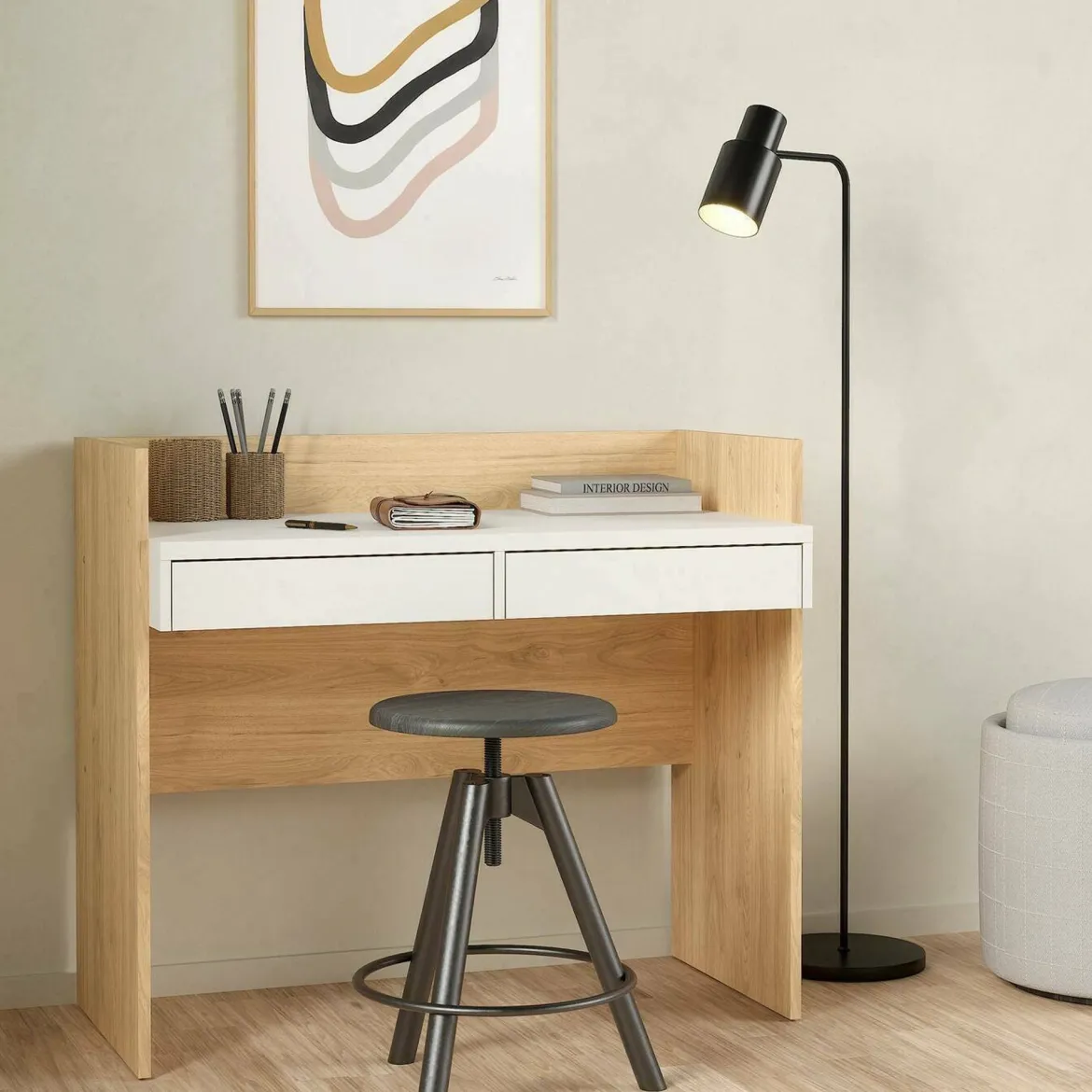 Scrivania lineare rovere e bianca 102x55cm con 2 cassetti - Antillo