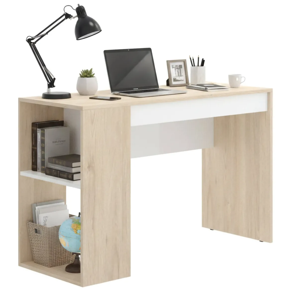 Scrivania lineare rovere e bianca 115x50cm con libreria - Arianella
