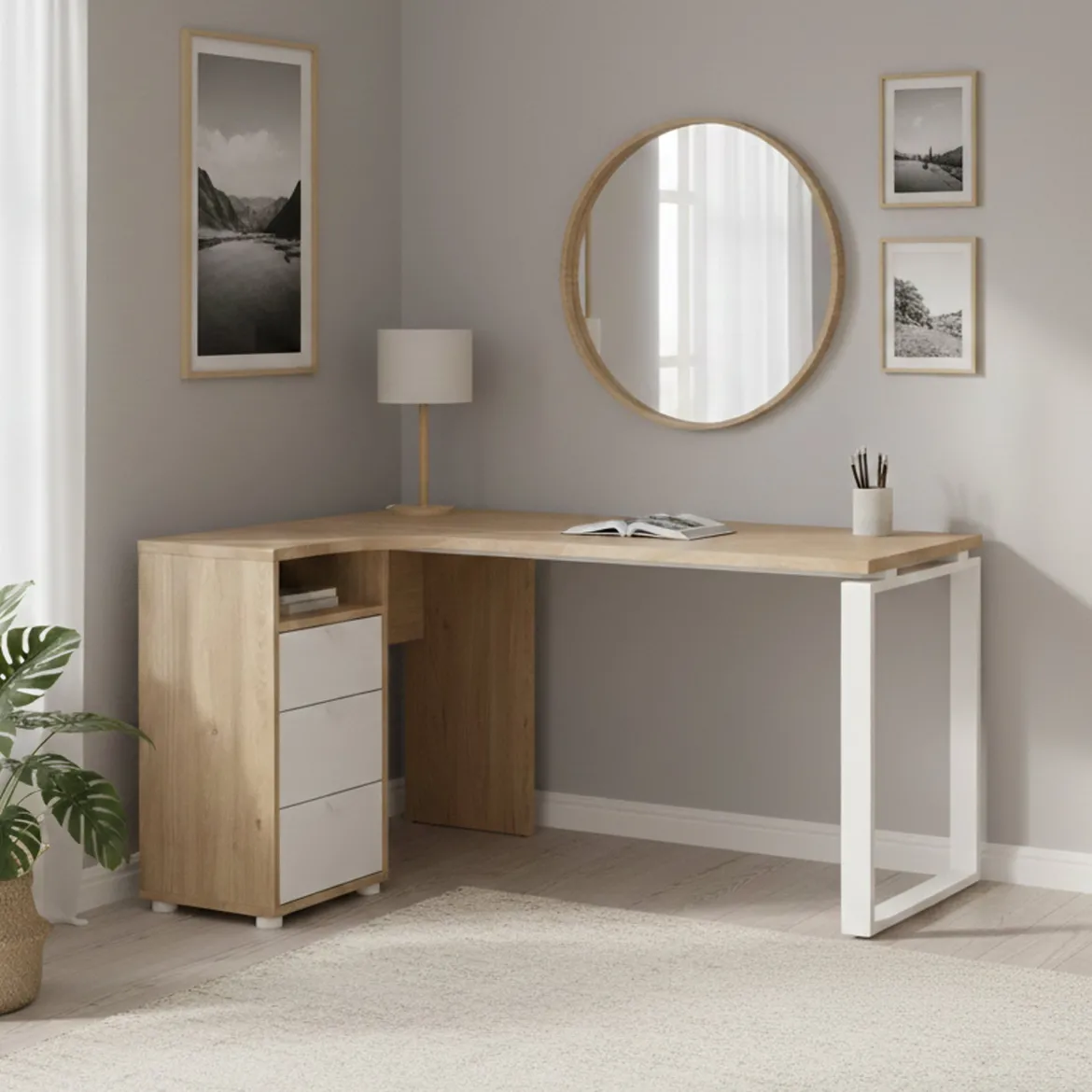 Scrivania lineare rovere e bianca 184x79cm con libreria - Etienne