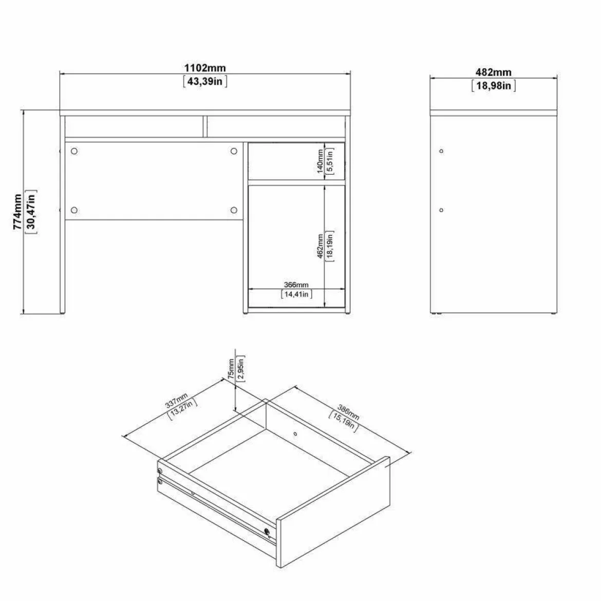 Scrivania lineare rovere 110x48cm con 3 cassetti - Huaning