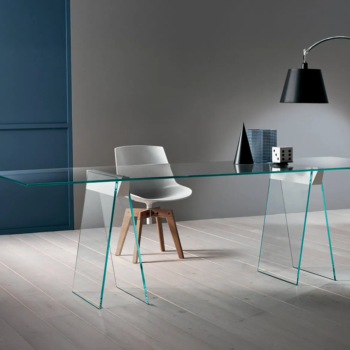 Scrivania lineare trasparente 180x90cm piano in vetro - Asfelj