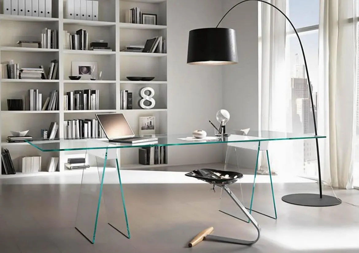 Scrivania lineare trasparente 180x90cm piano in vetro - Asfelj