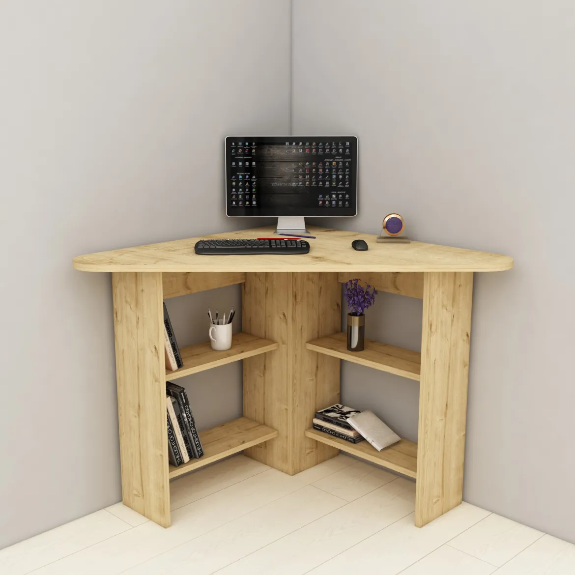 Scrivania Marrone Angolare 5 Ripiani 80x80x74h cm, 4 Vani - Panchia