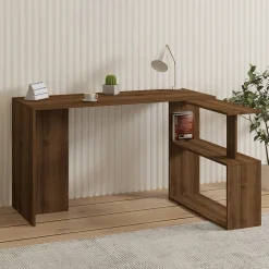 Scrivania Marrone Noce 2 Ripiani Angolare 130x50x74h cm, 2 Vani - Fibreno