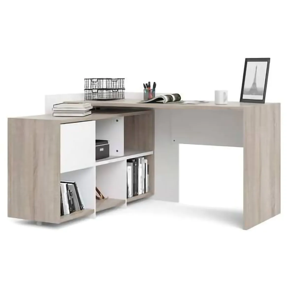Scrivania Marrone Quercia Angolare 3 Ripiani 140x120x80.4h cm, 6 Vani