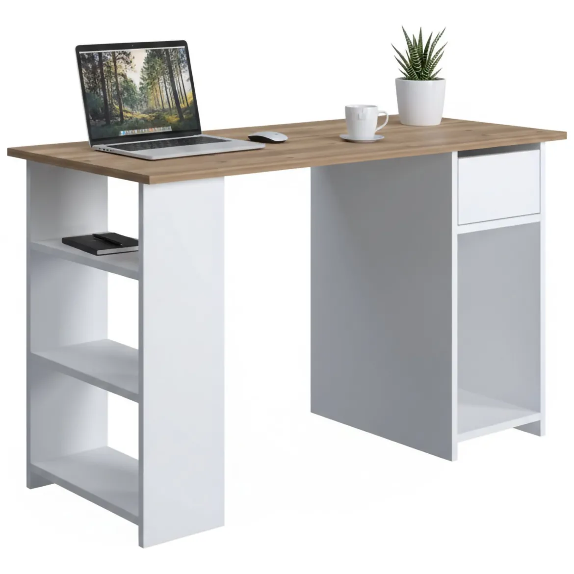 Scrivania Marrone Quercia un Cassetto 2 Ripiani 120x73x54.8h cm, 4 Vani