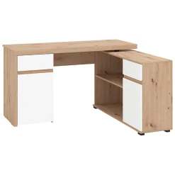 Scrivania Marrone Rovere Nodi Bianco Angolare 2 Cassetti 140x124x77h cm, 5 Ripiani - Piran