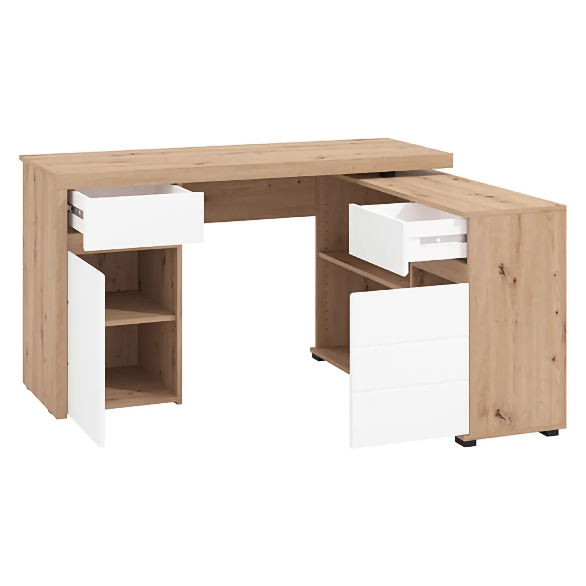 Scrivania Marrone Rovere Nodi Bianco Angolare 2 Cassetti 140x124x77h cm, 5 Ripiani - Piran