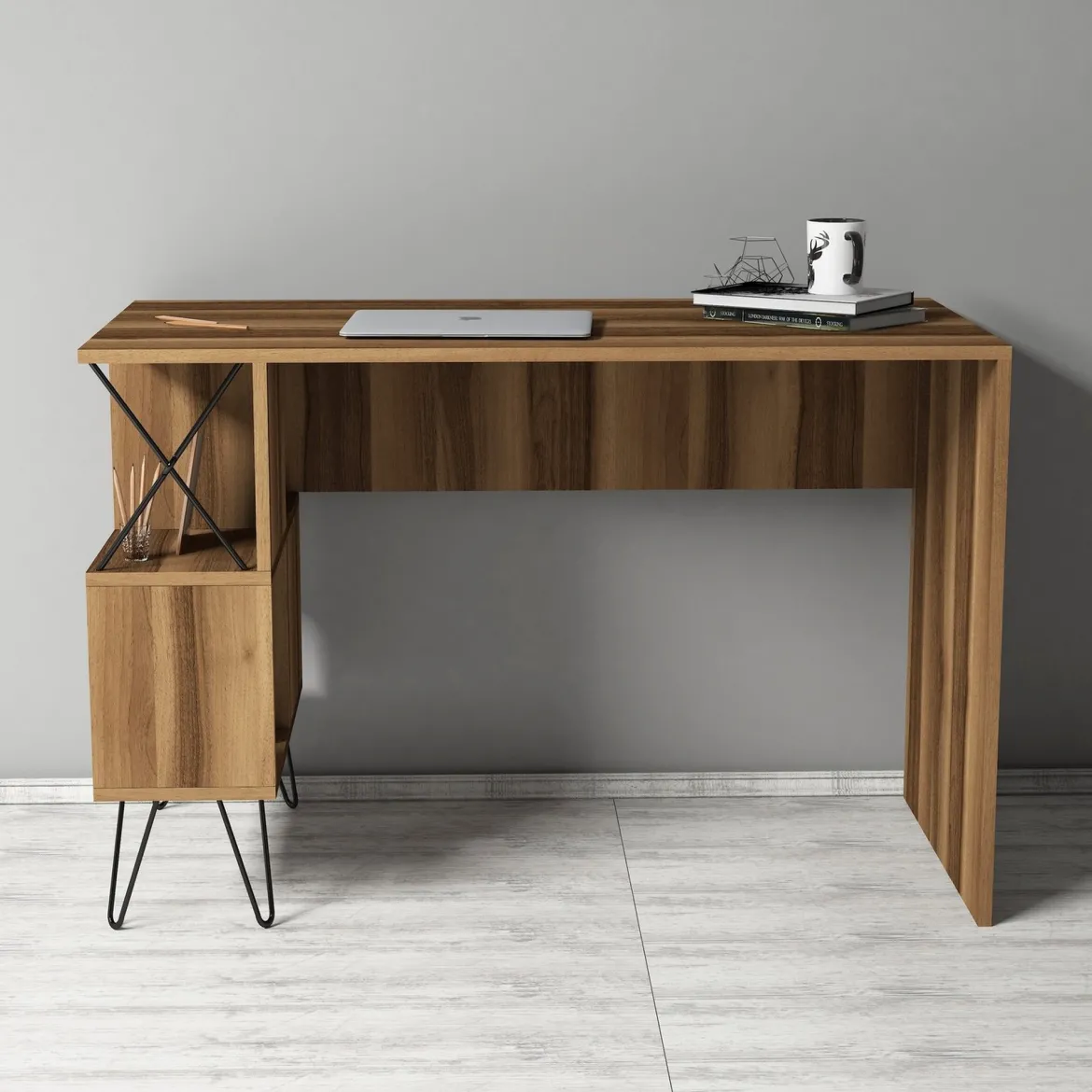 Scrivania Marrone Rovere Scuro Nero 5 Ripiani 4 Vani 120x60x79h cm, Colore Ripiano Marrone - Vita
