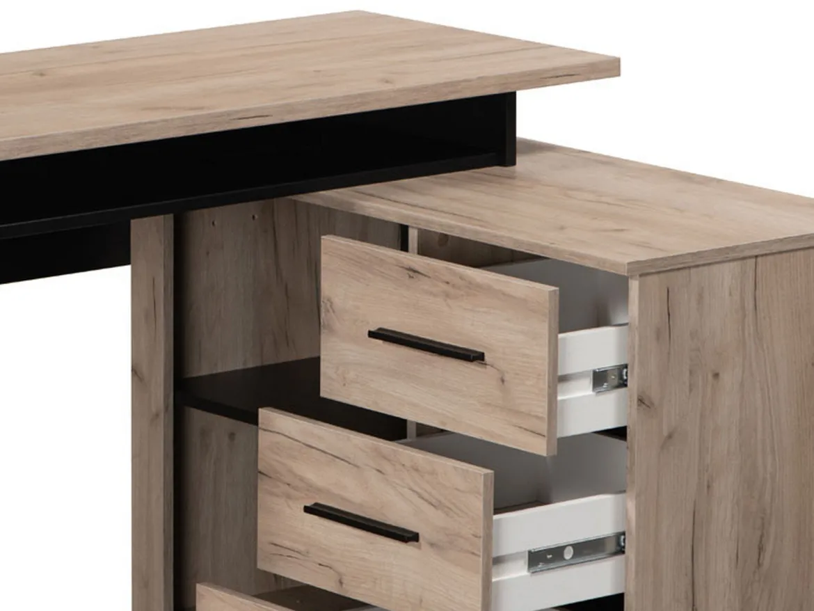 Scrivania Marrone Rovere Scuro Nero Angolare 3 Ripiani 137.5x101.5x75h cm, 3 Cassetti - Sapri