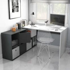 Scrivania modulabile bianca e antracite 136x139cm con libreria - Abby