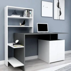 Scrivania Nero Antracite Bianco 8 Ripiani 2 Ante 146x60x74h cm, 7 Vani - Recco