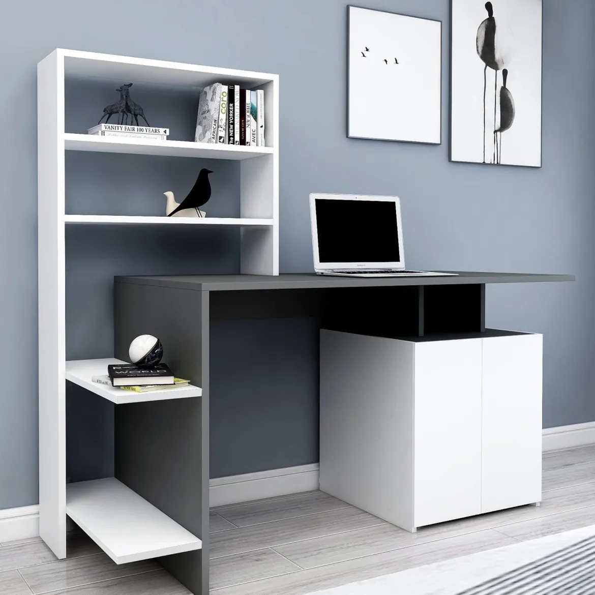Scrivania Nero Antracite Bianco 8 Ripiani 2 Ante 146x60x74h cm, 7 Vani - Recco