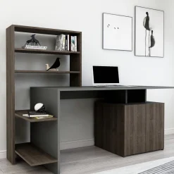Scrivania Nero Antracite Marrone 8 Ripiani 2 Ante 146x60x74h cm, 7 Vani - Recco