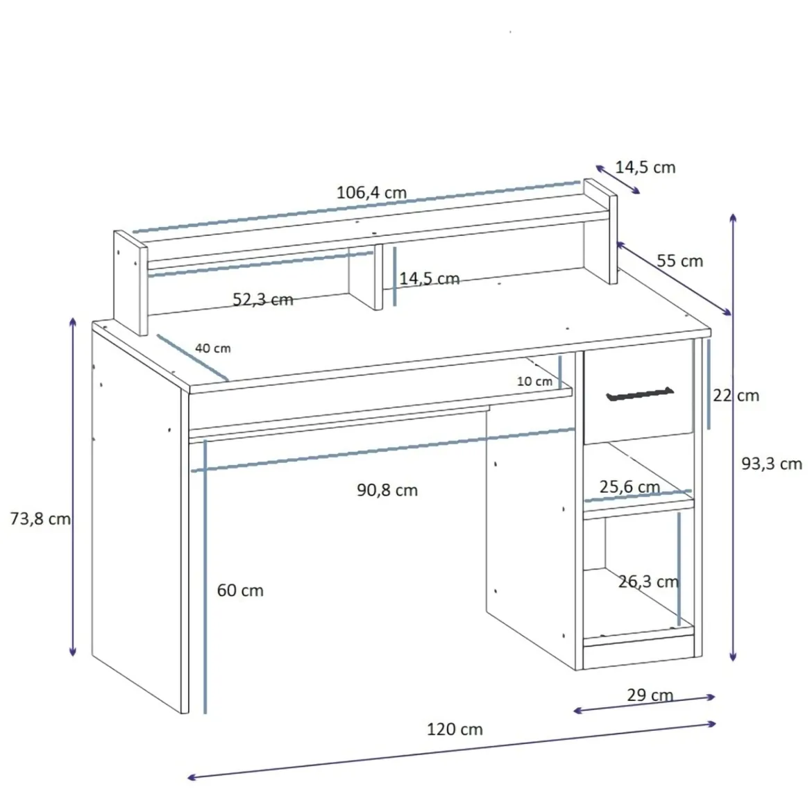 Scrivania Nero Antracite 5 Ripiani un Cassetto 120x93x55h cm, 5 Vani - Roletto