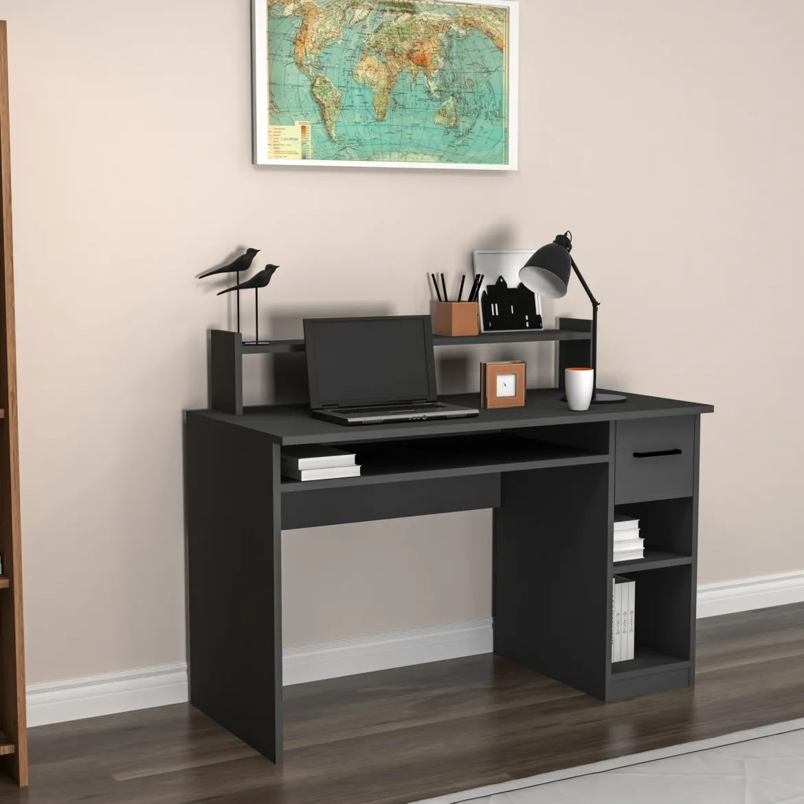 Scrivania Nero Antracite 5 Ripiani un Cassetto 120x93x55h cm, 5 Vani - Roletto