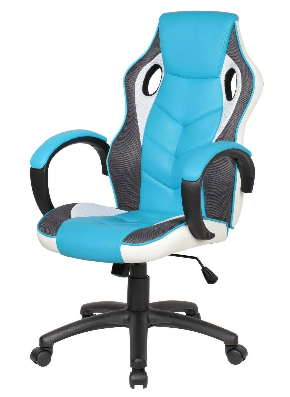 Sedia con ruote imbottita con braccioli in ecopelle blu - Eulalia