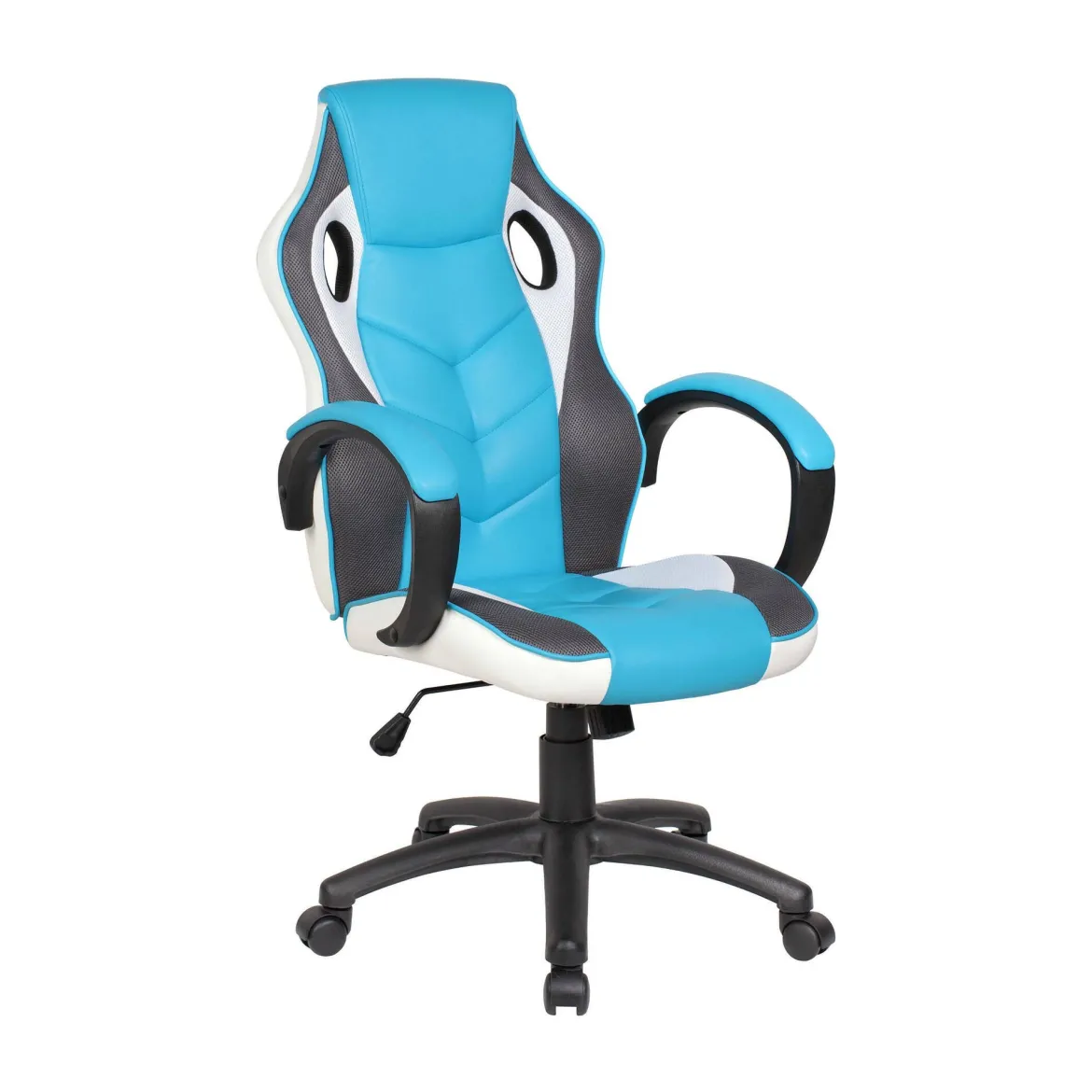 Sedia con ruote imbottita con braccioli in ecopelle blu - Eulalia