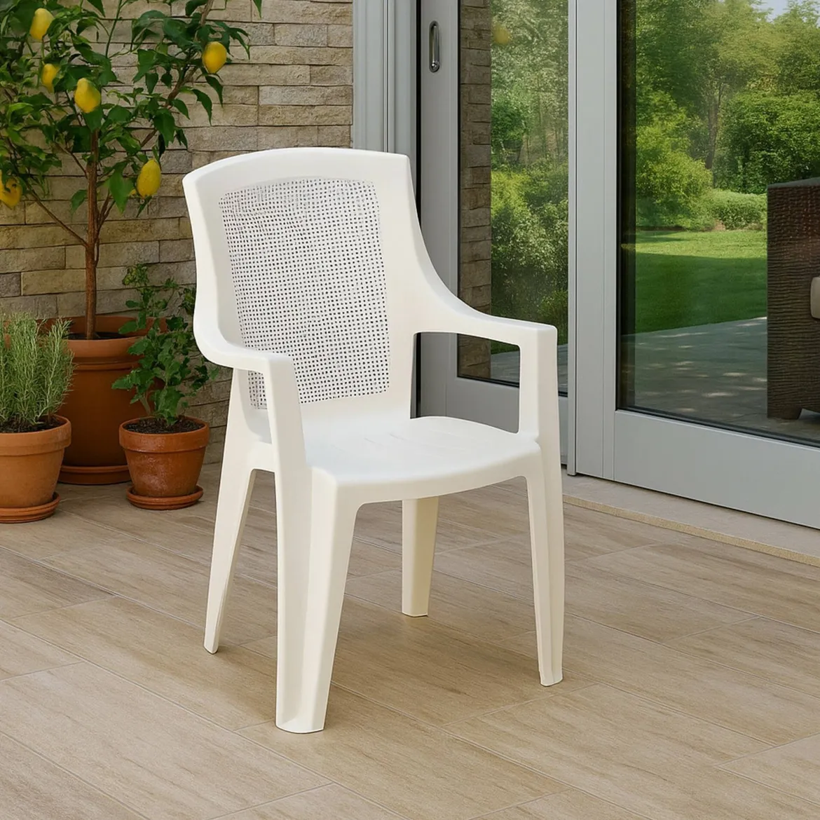 Sedia da Esterno Bianco una Sedia Impilabile, Braccioli - Masainas