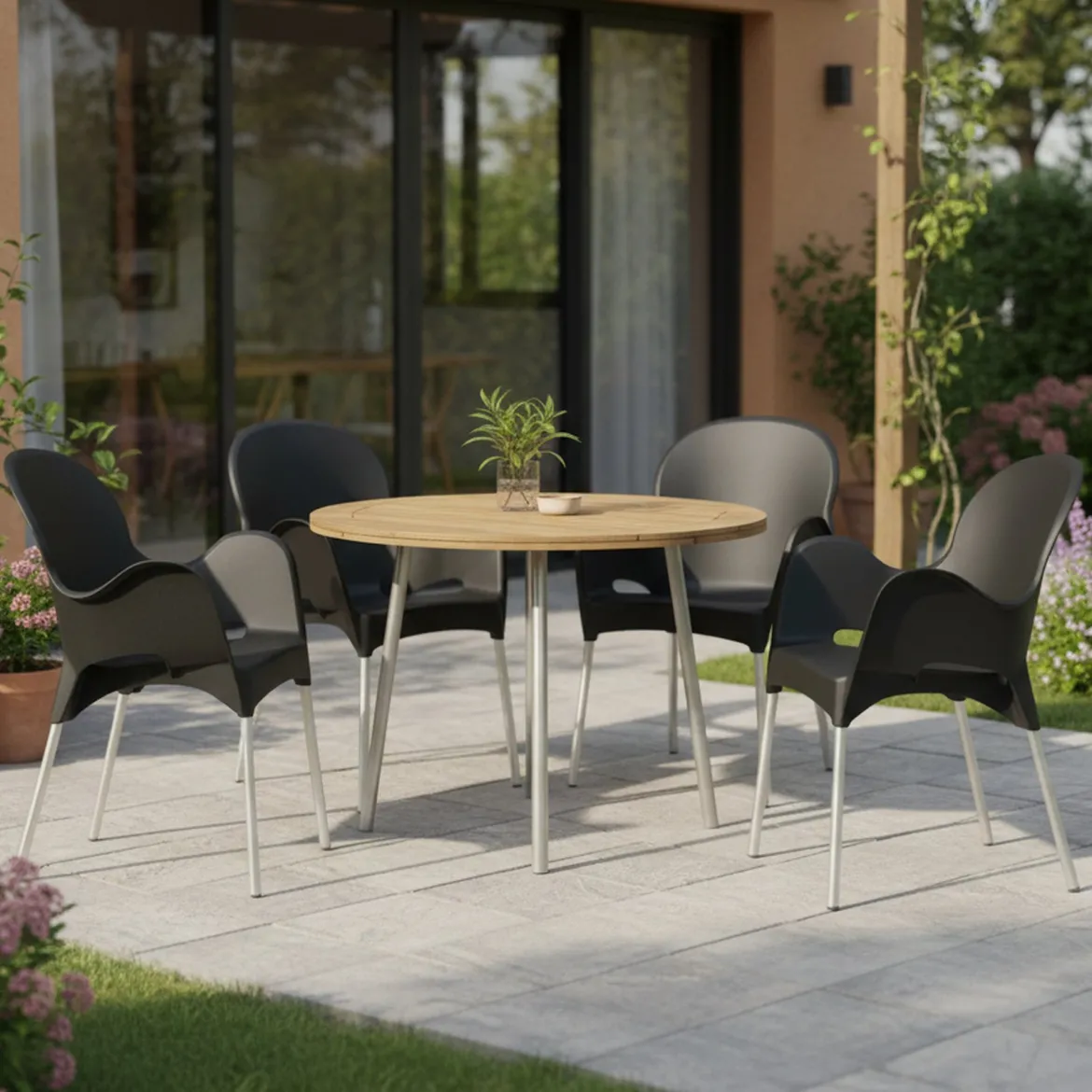 Sedia da Esterno Nero Antracite 4 Sedie Impilabile, Braccioli Made in Italy - Rumley
