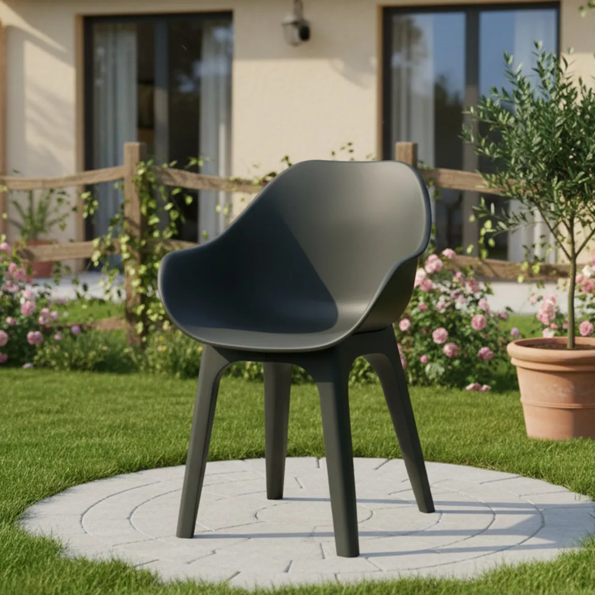 Sedia da Esterno Nero Antracite una Sedia Impilabile, Braccioli Made in Italy - Vashti