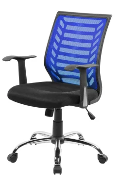 Sedia da studio con ruote imbottita con braccioli in ecopelle nera e blu - Camaleonte