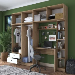 Set Camera da Letto Bianco Marrone Rovere Appendiabiti 6 Cassetti, 6 Ripiani - Redwood