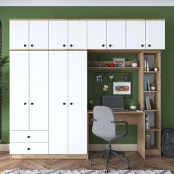 Set Camera da Letto Bianco Marrone Rovere Appendiabiti 6 Cassetti, 6 Ripiani - Redwood