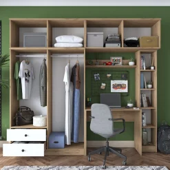 Set Camera da Letto Bianco Marrone Rovere Appendiabiti 6 Cassetti, 6 Ripiani - Redwood