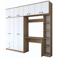 Set Camera da Letto Bianco Marrone Rovere Appendiabiti 6 Cassetti, 6 Ripiani - Redwood