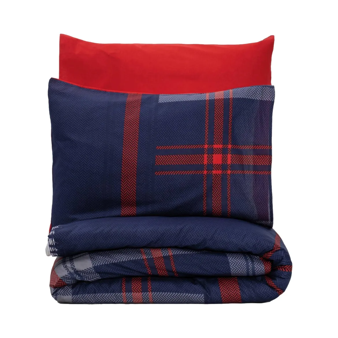 Set copripiumino singolo e 1 federa Tigard, 220x155 cm, Rosso e Blu