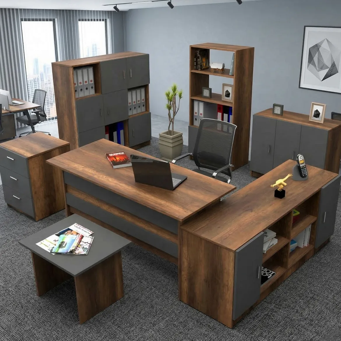 Set da Ufficio Marrone Noce Nero Antracite 18 Ripiani Modulabile, Angolare - Capralba