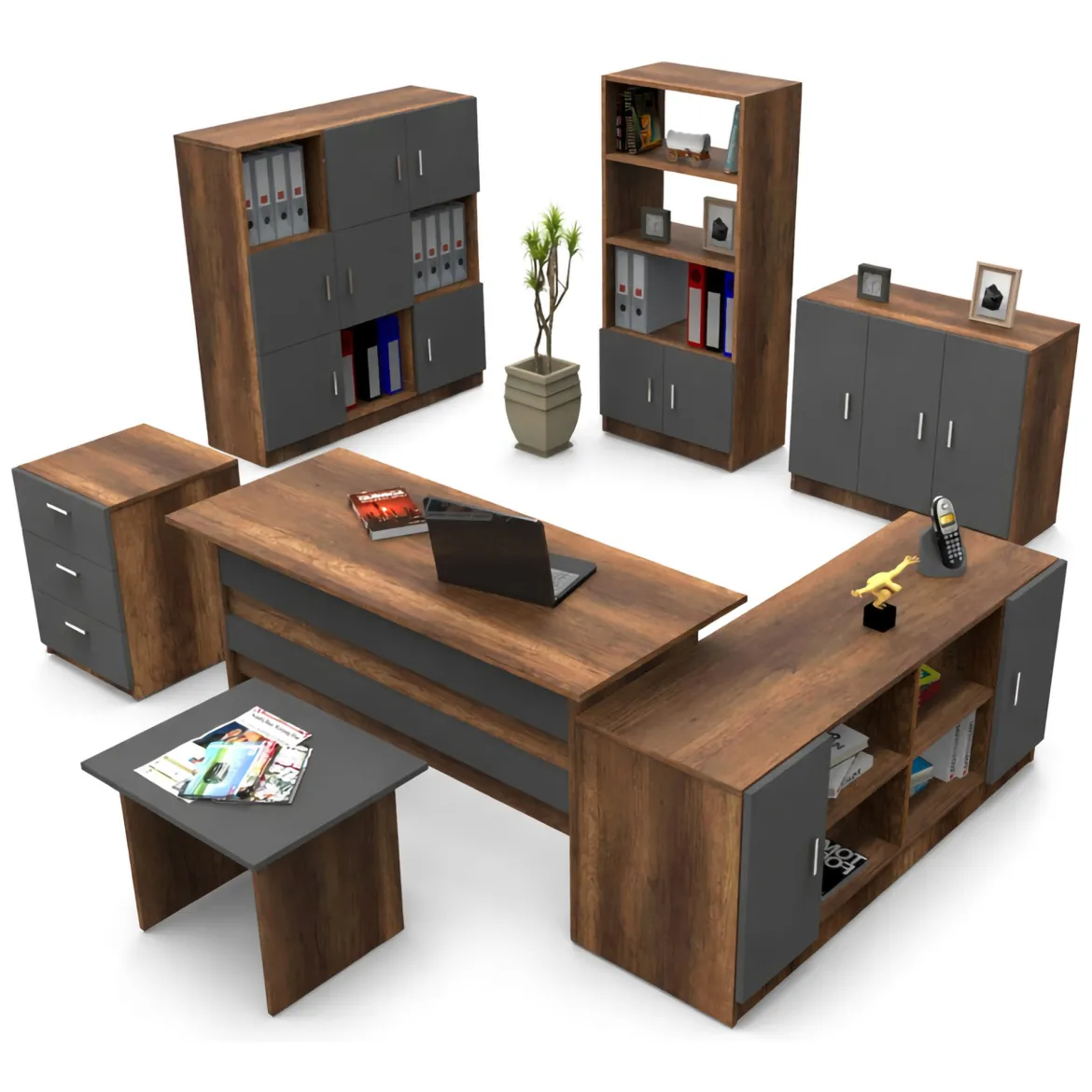 Set da Ufficio Marrone Noce Nero Antracite 18 Ripiani Modulabile, Angolare - Capralba