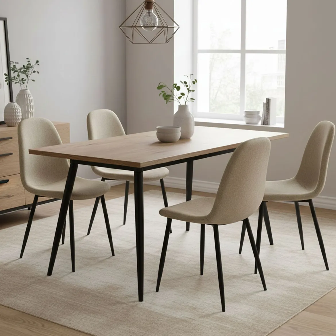 Set di Sedie Beige Nero 4 Sedie Imbottito, Effetto Corda - Zambrone