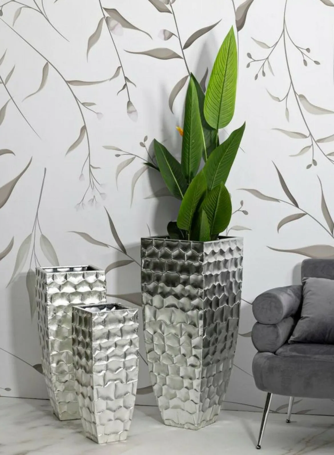 Set di 3 vasi Cavatore, 38x38 h91 cm, Argento
