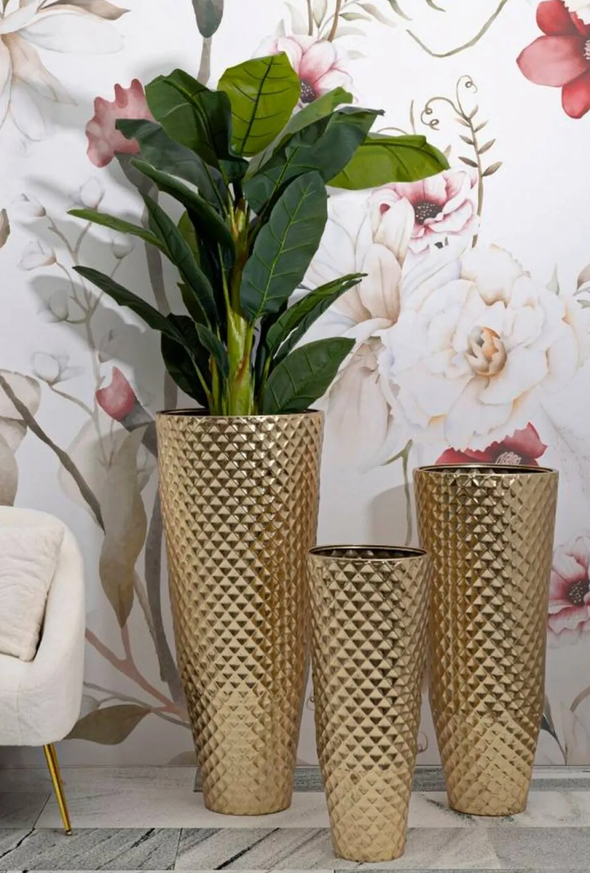 Set di 3 vasi Manara, 48x48 h110 cm, Oro