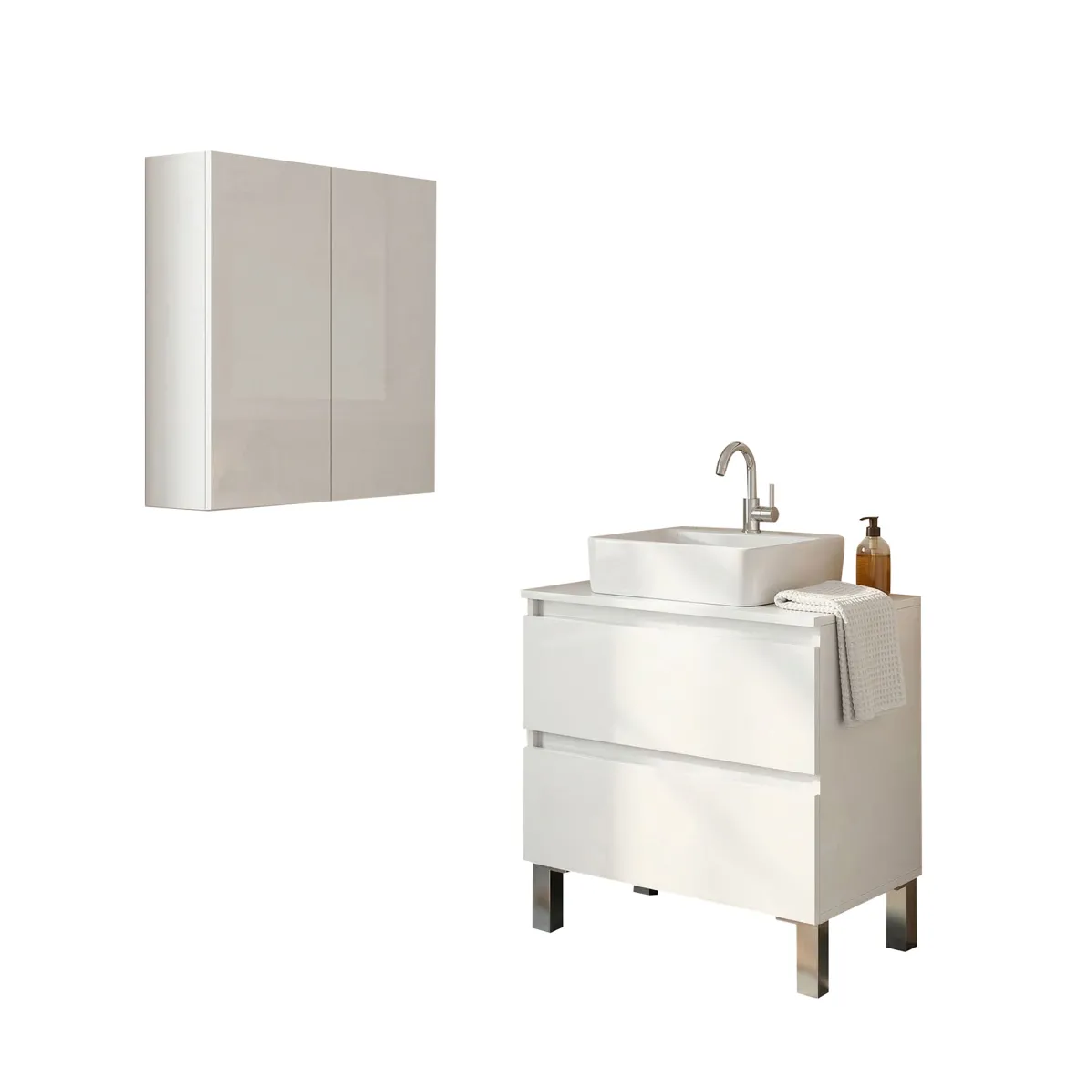 Set Mobili Bagno Bianco Lucido 2 Cassetti 2 Ripiani, 2 Ante - Capizzi